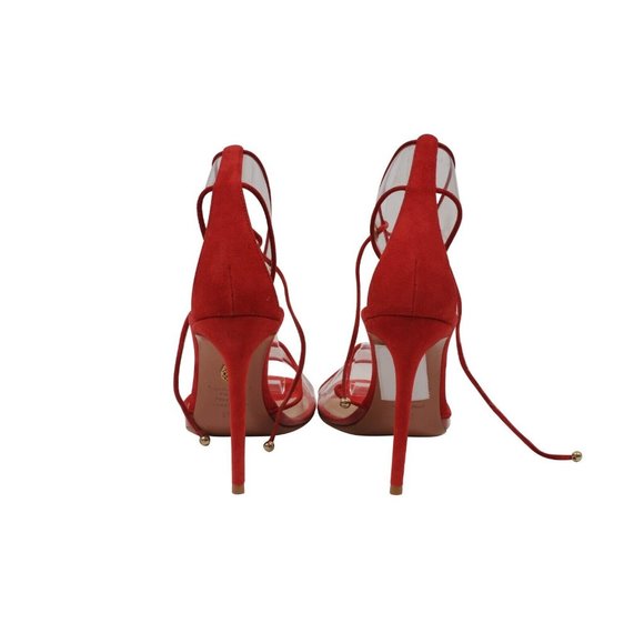 Aquazzura Womens Sandals US7.5 37.5 Red Suede Pvc Ankle Strap 105mm Heels - Picture 6 of 8